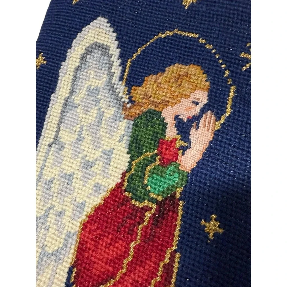 Vintage Wool Needlepoint Christmas Stocking Angel Holiday Petit Point Decor 20